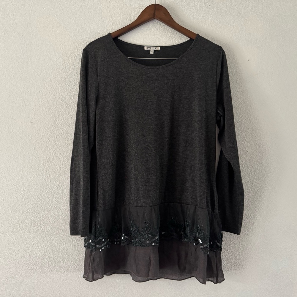 Boho Sequin Embellished Sheer Hem Gray Layered Tunic Blouse Avalin L Romantic - Picture 13 of 14